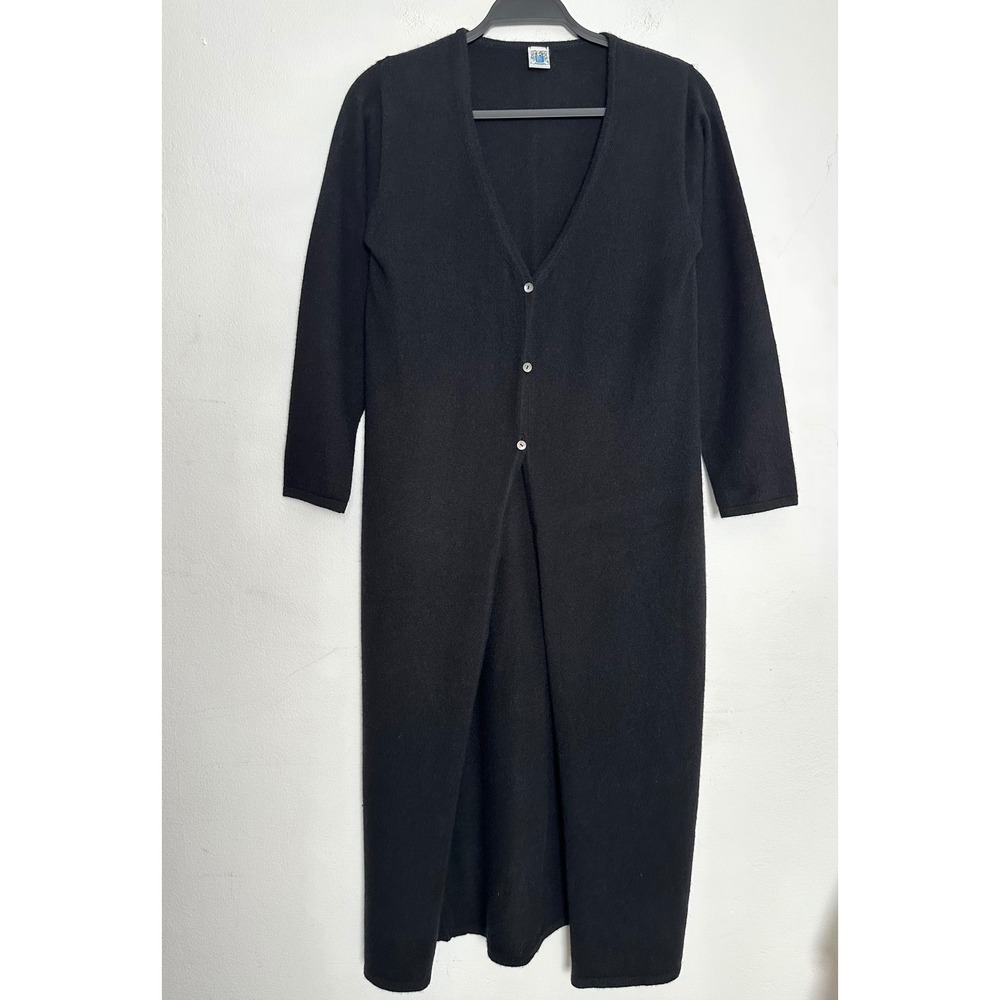 Portolano Black 100% Cashmere Long Duster Cardigan Womens Medium V-Neck Buttons
